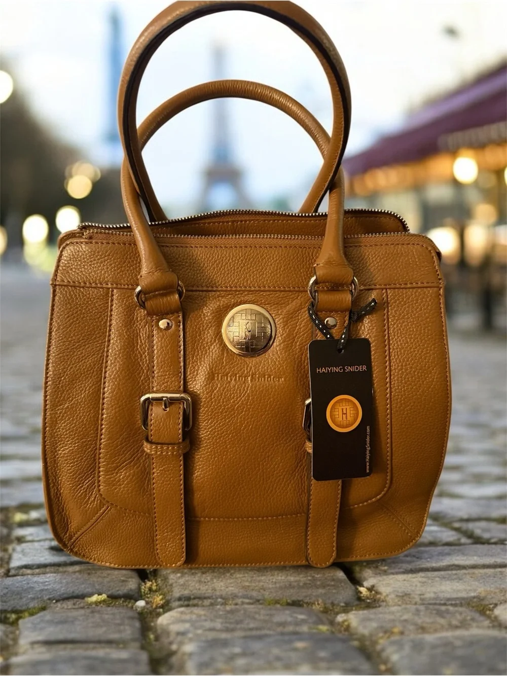 Haiying Snider Tan Leather Structured Satchel